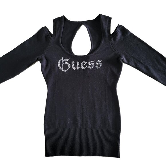 Vintage Y2K GUESS Women's Cutout Bling Rhinestone Logo Black Sweater  - Size L - Picture 3 of 7